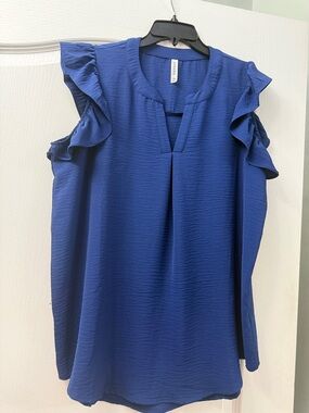 Women's Cobalt Blue Ruffle Sleeve Split-Neck Blouse